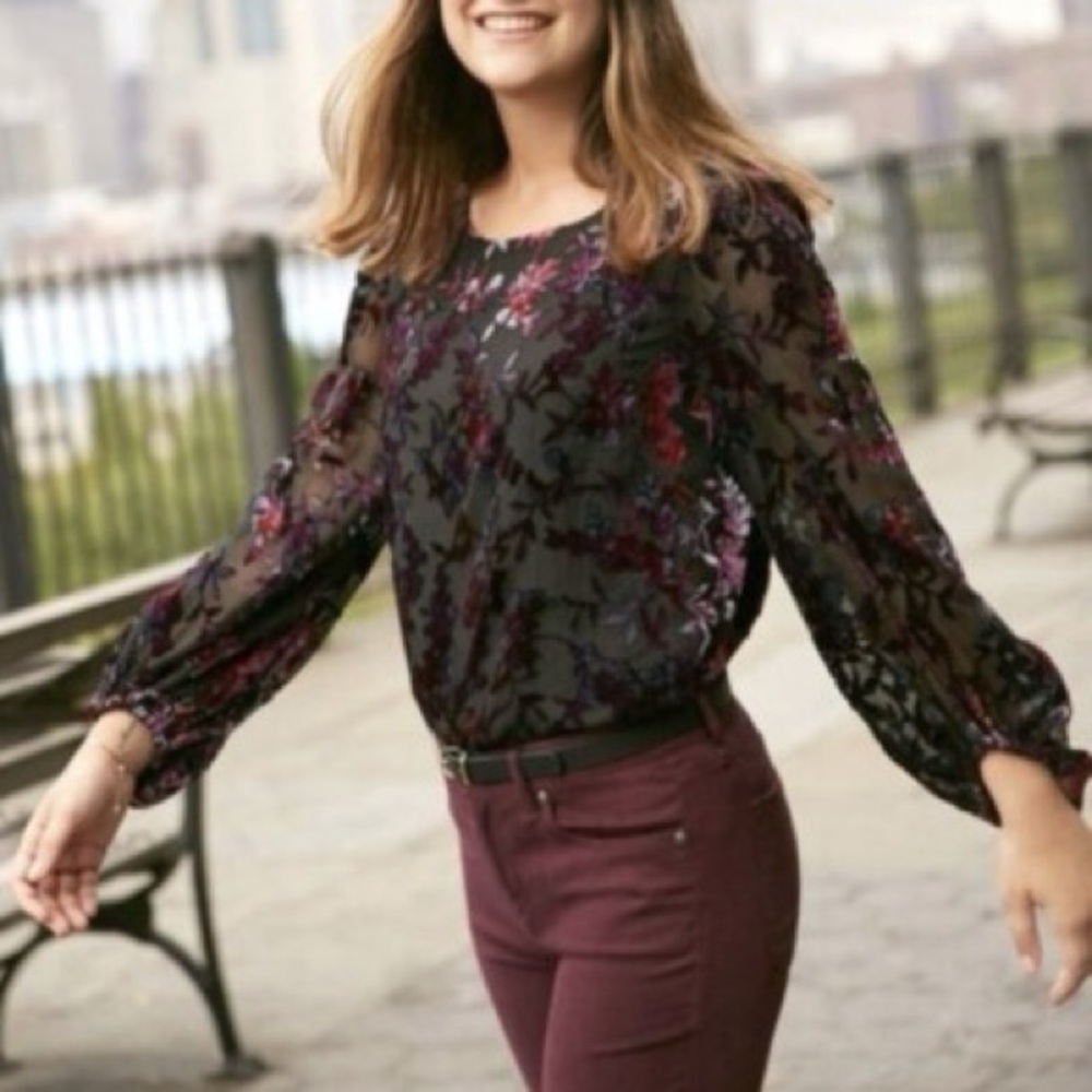 LOFT Velvet Burnout Sheer Black Floral Women's Top XS